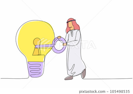Continuous one line drawing Arab businessman putting big key into light bulb. Unlock innovation on business idea, invent new product or creative thoughts. Single line draw design vector illustration Continuous one line drawing Arab businessman putting big key into light bulb. Unlock innovation on business idea, invent new product or creative thoughts. Single line draw design vector illustration 105498535