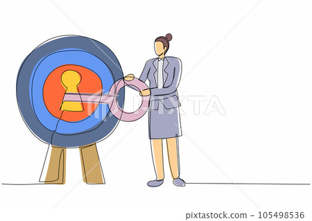 Single one line drawing businesswoman put key into bullseye target. Accuracy and unlock business success. Career or goal. Secret for success in work. Continuous line design graphic vector illustration Single one line drawing businesswoman put key into bullseye target. Accuracy and unlock business success. Career or goal. Secret for success in work. Continuous line design graphic vector illustration 105498536