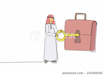 Continuous one line drawing Arabian businessman putting key into briefcase. Safety bag for secret document. Invest portfolio, stock market trading strategy. Single line draw design vector illustration 105498560