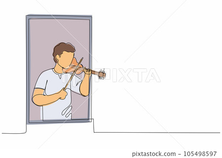 Single continuous line drawing professional male musician standing near window and playing violin in cozy room at home. People staying at home in self quarantine. One line design vector illustration Single continuous line drawing professional male musician standing near window and playing violin in cozy room at home. People staying at home in self quarantine. One line design vector illustration 105498597