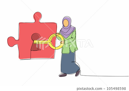 Single one line drawing Arab businesswoman put key into puzzle piece. Partnership or cooperation in business project. Teamwork solving complicated task. Continuous line draw design vector illustration Single one line drawing Arab businesswoman put key into puzzle piece. Partnership or cooperation in business project. Teamwork solving complicated task. Continuous line draw design vector illustration 105498598