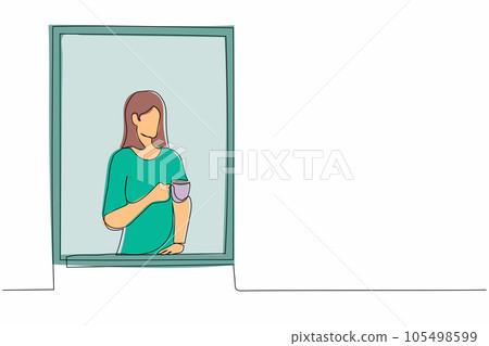 Single continuous line drawing young woman enjoy hot coffee or tea. Female holding mug and looking outside through window while sitting on windowsill. One line draw graphic design vector illustration Single continuous line drawing young woman enjoy hot coffee or tea. Female holding mug and looking outside through window while sitting on windowsill. One line draw graphic design vector illustration 105498599