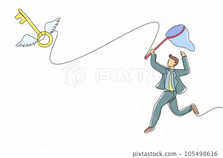 Single continuous line drawing businessman try to catching flying key with butterfly net. Find key to solve problems, opportunity, business solution. One line draw graphic design vector illustration Single continuous line drawing businessman try to catching flying key with butterfly net. Find key to solve problems, opportunity, business solution. One line draw graphic design vector illustration 105498616