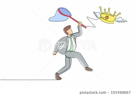 Single one line drawing businessman try to catching flying crown with butterfly net. Royal, luxury, vip, first class sign. Winner award. Modern continuous line draw design graphic vector illustration Single one line drawing businessman try to catching flying crown with butterfly net. Royal, luxury, vip, first class sign. Winner award. Modern continuous line draw design graphic vector illustration 105498667