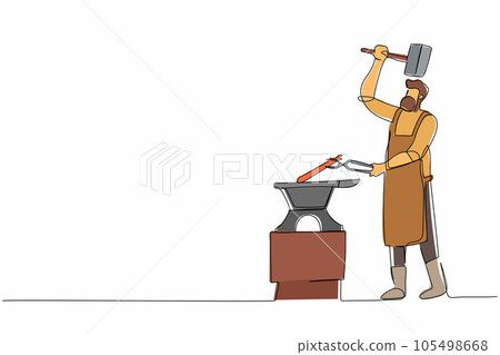 Continuous one line drawing bearded blacksmith in apron forging blade on the anvil. Smith working with hammer and anvil. Historical, fairytale craftsman. Single line design vector graphic illustration Continuous one line drawing bearded blacksmith in apron forging blade on the anvil. Smith working with hammer and anvil. Historical, fairytale craftsman. Single line design vector graphic illustration 105498668