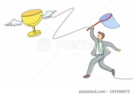 Continuous one line drawing businessman try to catching flying trophy with butterfly net. Sport game icon, logo, badge. Victory trophies and awards. Single line draw design vector graphic illustration 105498675