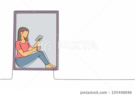 Single one line drawing young lady sitting on windowsill with coffee and enjoying rest time with smartphone. Woman relaxing at home with mobile phone. Continuous line draw design vector illustration Single one line drawing young lady sitting on windowsill with coffee and enjoying rest time with smartphone. Woman relaxing at home with mobile phone. Continuous line draw design vector illustration 105498696