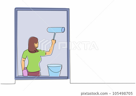 Single continuous line drawing young woman cleaning windows with glass cleaner tools. Washing windows with bucket, detergent, wet rag. Daily housework. One line draw graphic design vector illustration 105498705