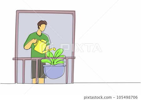 Single one line drawing man watering flowers on the balcony. Young guy doing gardening favorite hobby. Home garden, house plants growing. Modern continuous line draw design graphic vector illustration Single one line drawing man watering flowers on the balcony. Young guy doing gardening favorite hobby. Home garden, house plants growing. Modern continuous line draw design graphic vector illustration 105498706