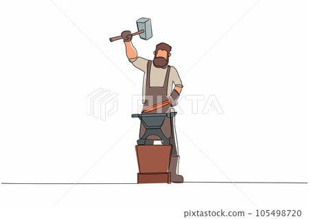 Continuous one line drawing bearded blacksmith forges small sword on the anvil. Young man blacksmith in apron standing working hard with hot iron. Single line draw design vector graphic illustration Continuous one line drawing bearded blacksmith forges small sword on the anvil. Young man blacksmith in apron standing working hard with hot iron. Single line draw design vector graphic illustration 105498720
