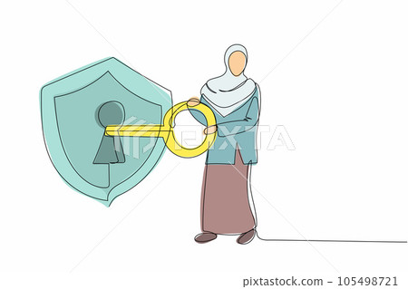 Continuous one line drawing Arabian businesswoman put key into shield. Safety internet or technology. Encryption, encoding digital currency data. Single line draw design vector graphic illustration Continuous one line drawing Arabian businesswoman put key into shield. Safety internet or technology. Encryption, encoding digital currency data. Single line draw design vector graphic illustration 105498721