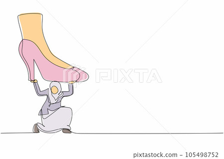 Single one line drawing young Arab businesswoman under giant foot stomping. Violence of dictator toward tiny woman, big shoes crush business people. Continuous line design graphic vector illustration Single one line drawing young Arab businesswoman under giant foot stomping. Violence of dictator toward tiny woman, big shoes crush business people. Continuous line design graphic vector illustration 105498752