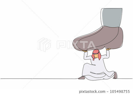 Single continuous line drawing active Arab businessman under giant foot trample. Male manager pressure and domination, limiting freedom. Minimalism metaphor. One line draw design vector illustration Single continuous line drawing active Arab businessman under giant foot trample. Male manager pressure and domination, limiting freedom. Minimalism metaphor. One line draw design vector illustration 105498755