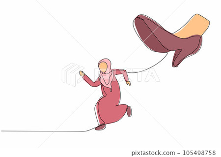 Single one line drawing young Arabian businesswoman run away from stomping foot. Office worker running from giant unfair business competition. Modern continuous line design graphic vector illustration Single one line drawing young Arabian businesswoman run away from stomping foot. Office worker running from giant unfair business competition. Modern continuous line design graphic vector illustration 105498758