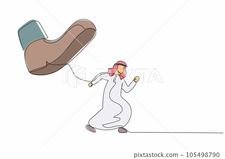 Continuous one line drawing brave Arabian businessman run away from stomping foot. Male employee oppressed by boss with under big shoe. Minimalist metaphor. Single line draw design vector illustration Continuous one line drawing brave Arabian businessman run away from stomping foot. Male employee oppressed by boss with under big shoe. Minimalist metaphor. Single line draw design vector illustration 105498790