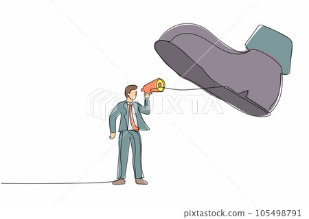 Single one line drawing businessman speaking with megaphone under giant shoe. Boot of army soldier stepping on businessperson. Minimalism metaphor. Continuous line design graphic vector illustration Single one line drawing businessman speaking with megaphone under giant shoe. Boot of army soldier stepping on businessperson. Minimalism metaphor. Continuous line design graphic vector illustration 105498791