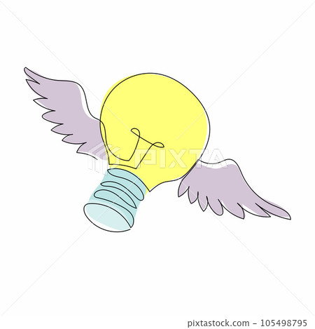 Single continuous line drawing flying light bulb with wings. Imagination, inspiration, fantasy icon. Knowhow sign. New business idea. Invention logo. One line draw graphic design vector illustration Single continuous line drawing flying light bulb with wings. Imagination, inspiration, fantasy icon. Knowhow sign. New business idea. Invention logo. One line draw graphic design vector illustration 105498795