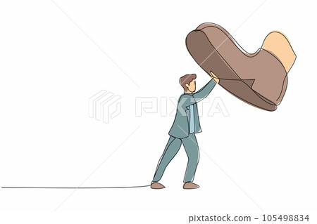Single one line drawing young businessman against giant shoes stomping. Male manager push against giant foot step. Minimal metaphor concept. Modern continuous line design graphic vector illustration Single one line drawing young businessman against giant shoes stomping. Male manager push against giant foot step. Minimal metaphor concept. Modern continuous line design graphic vector illustration 105498834