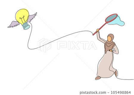 Single continuous line drawing Arab businesswoman try to catching flying light bulb with butterfly net. Losing brilliant idea for business improvement. One line draw graphic design vector illustration 105498864