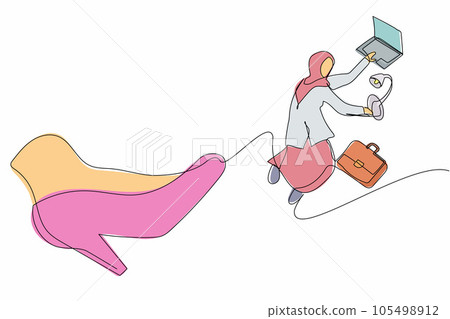 Single one line drawing unhappy Arabian businesswoman kicked out of work with office supplies. Manager being fired. Staff reduction. Minimal metaphor. Continuous line draw design vector illustration 105498912