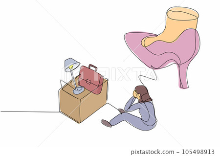 Single one line drawing young businesswoman sitting on floor near office supplies under big foot stomp. Unemployment, jobless, job reduction metaphor. Continuous line draw design vector illustration Single one line drawing young businesswoman sitting on floor near office supplies under big foot stomp. Unemployment, jobless, job reduction metaphor. Continuous line draw design vector illustration 105498913