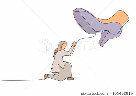 Single one line drawing young Arab businesswoman kneel down under giant feet. Concept for authority, exploitation, dictator figure. Minimal metaphor. Continuous line design graphic vector illustration Single one line drawing young Arab businesswoman kneel down under giant feet. Concept for authority, exploitation, dictator figure. Minimal metaphor. Continuous line design graphic vector illustration 105498919