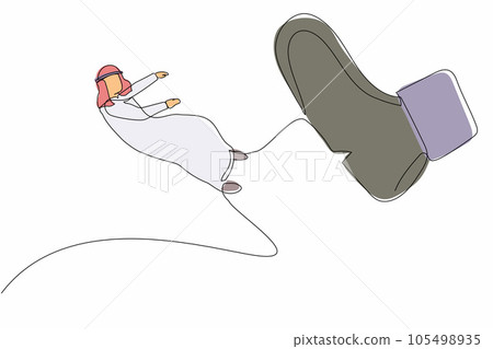Single continuous line drawing active Arab businessman kicked out by big foot. Bankruptcy, insolvency. Male employee become unemployed. Minimalism metaphor concept. One line design vector illustration Single continuous line drawing active Arab businessman kicked out by big foot. Bankruptcy, insolvency. Male employee become unemployed. Minimalism metaphor concept. One line design vector illustration 105498935