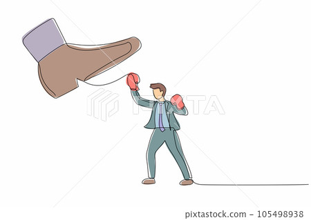 Continuous one line drawing brave businessman punching uppercut under big foot stomp. Male employee against dictatorial boss. Minimalist metaphor. Single line draw design vector graphic illustration Continuous one line drawing brave businessman punching uppercut under big foot stomp. Male employee against dictatorial boss. Minimalist metaphor. Single line draw design vector graphic illustration 105498938