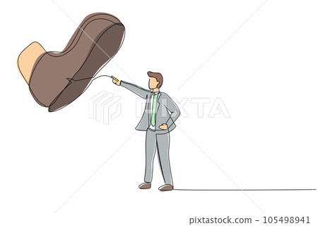 Single one line drawing young businessman facing against giant shoes stomping. Male manager pointing against giant foot step. Minimal metaphor. Continuous line draw design graphic vector illustration Single one line drawing young businessman facing against giant shoes stomping. Male manager pointing against giant foot step. Minimal metaphor. Continuous line draw design graphic vector illustration 105498941