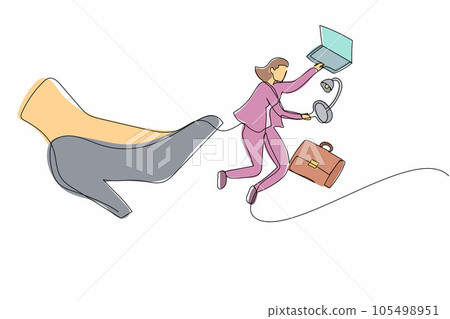 Single continuous line drawing active businesswoman kicked out of work with office supplies. Manager being fired. Staff reduction. Minimalism metaphor. One line draw graphic design vector illustration 105498951