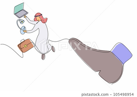 Single one line drawing failed Arab businessman kicked out of work with office supplies. Office clerk being fired, Dismissal of staff. Minimal metaphor. Continuous line draw design vector illustration 105498954