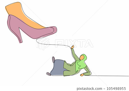 Single continuous line drawing small Arabian businesswoman under the giant foot. Big boss foot in the shoe is going to crush office clerk. Minimal metaphor. One line graphic design vector illustration 105498955