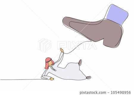 Single continuous line drawing small Arabic businessman under the giant foot. Big boss foot in the shoe going to crush manager. Minimalism metaphor concept. One line graphic design vector illustration Single continuous line drawing small Arabic businessman under the giant foot. Big boss foot in the shoe going to crush manager. Minimalism metaphor concept. One line graphic design vector illustration 105498956