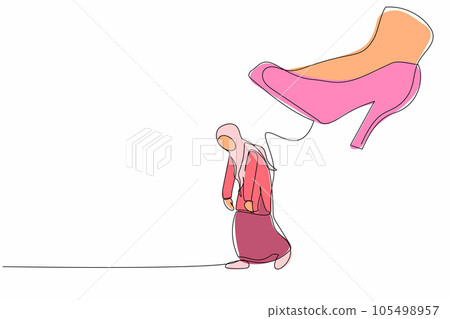 Continuous one line drawing unhappy Arab businesswoman going away with huge high heels kicking her out. Stress employee being fired and kicked out. Single line draw design vector graphic illustration 105498957