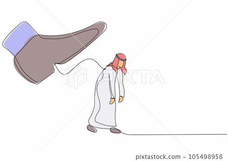 Single one line drawing sad Arabian businessman going away with huge boot shoe kicking him out. Male manager being fired and kicked out concept. Continuous line draw design graphic vector illustration 105498958