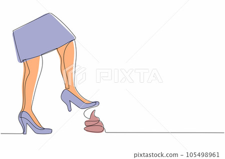 Single one line drawing businesswoman foot stepping into dog poop or poo. Female feet with high heels stepped on animal shit. Unpleasant surprise. Continuous line design vector graphic illustration 105498961