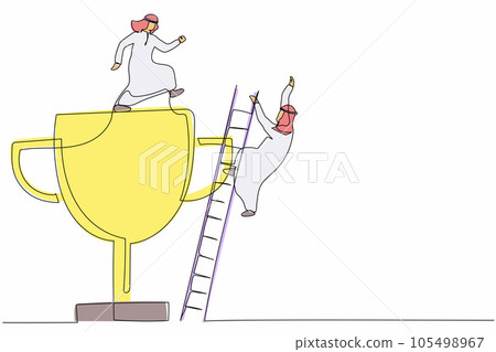 Single continuous line drawing Arabian businessman kicking to make his rival falling down from the top ladder trophy of success. Minimalism metaphor. One line draw graphic design vector illustration Single continuous line drawing Arabian businessman kicking to make his rival falling down from the top ladder trophy of success. Minimalism metaphor. One line draw graphic design vector illustration 105498967