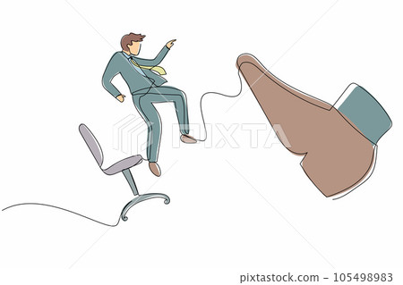 Continuous one line drawing unhappy small businessman kicked out by big foot from chair. Employee kicked out of work. Dismissal of staff. Unemployment. Single line design vector graphic illustration Continuous one line drawing unhappy small businessman kicked out by big foot from chair. Employee kicked out of work. Dismissal of staff. Unemployment. Single line design vector graphic illustration 105498983