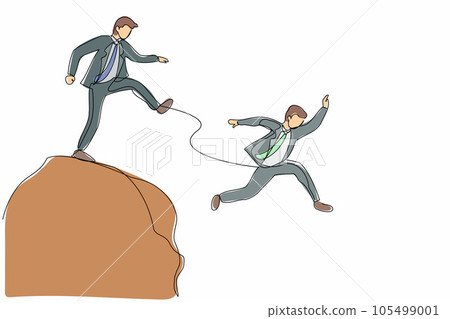 Single one line drawing businessman kick throw male colleague off cliff or hill. Man eliminate rival coworker at workplace. Rivalry and competition. Continuous line design graphic vector illustration 105499001