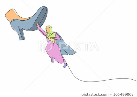 Continuous one line drawing brave Arab businesswoman flying with hero capes against giant shoes stomping. Female manager fly up against giant foot step. Single line design vector graphic illustration 105499002