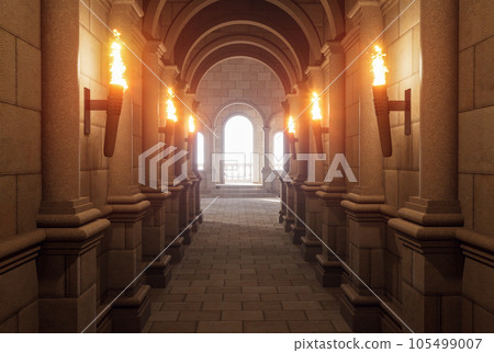Cinematic style an ancient ornate tunnel, the end of which is a hall made of stone decorated with torches and arched 3d render illustration 105499007