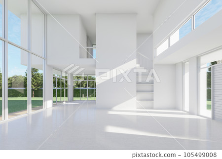 Mininal style white high empty room with garden view 3d render 105499008