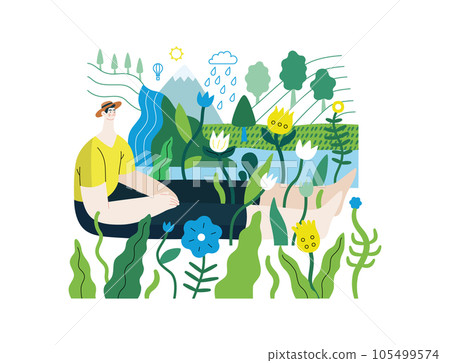 Greenery, ecology -modern flat vector concept illustration of a man sitting in the landscape with river and waterfall. Metaphor of environmental sustainability and protection, closeness to nature Greenery, ecology -modern flat vector concept illustration of a man sitting in the landscape with river and waterfall. Metaphor of environmental sustainability and protection, closeness to nature 105499574