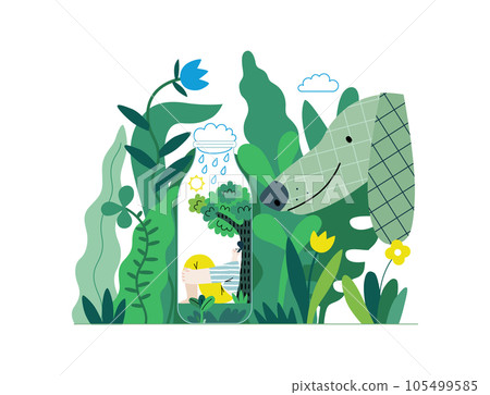 Greenery, ecology -modern flat vector concept illustration of a man in teh bottle, his ecosystem. Dog in a park. Metaphor of environmental sustainability and protection, closeness to nature 105499585