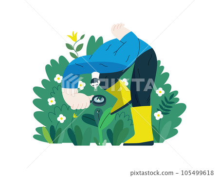 Greenery, ecology -modern flat vector concept illustration of a man in plants, looking at the bug through the lens. Metaphor of environmental sustainability and protection, closeness to nature Greenery, ecology -modern flat vector concept illustration of a man in plants, looking at the bug through the lens. Metaphor of environmental sustainability and protection, closeness to nature 105499618