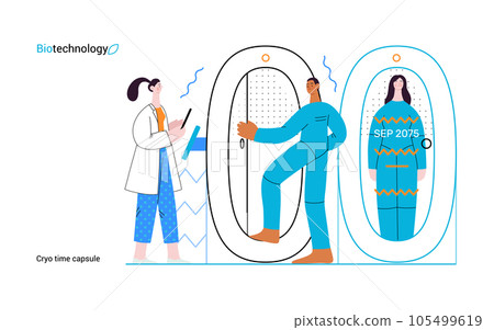 Bio Technology, Cryocapsule Time Freezer -modern flat vector concept illustration of futuristic cryocapsules resembling frozen time vaults. Metaphor of preserving life, time through cryonic technology 105499619