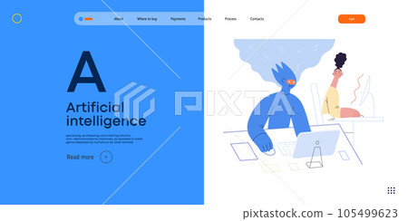 Artificial intelligence, office work -modern flat vector concept illustration of AI effectively working at the desk and surprised human. Metaphor of AI advantage, superiority and dominance concept Artificial intelligence, office work -modern flat vector concept illustration of AI effectively working at the desk and surprised human. Metaphor of AI advantage, superiority and dominance concept 105499623