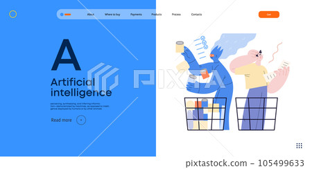 Artificial intelligence, Shopping -modern flat vector concept illustration of AI effectively choosing groceries and man having difficultiy. Metaphor of AI advantage, superiority and dominance concept Artificial intelligence, Shopping -modern flat vector concept illustration of AI effectively choosing groceries and man having difficultiy. Metaphor of AI advantage, superiority and dominance concept 105499633