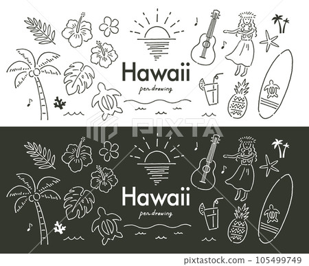 Hawaii tropical hand drawn various monochrome - Stock Illustration