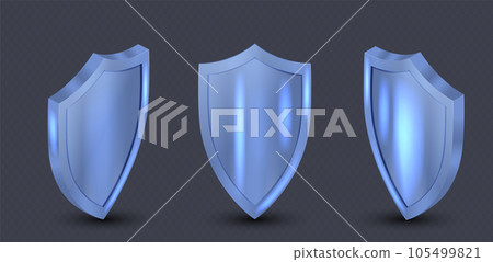 Vector illustration of a blue shield in a different views. Blue shield metal frame realistic vector illustration. 105499821